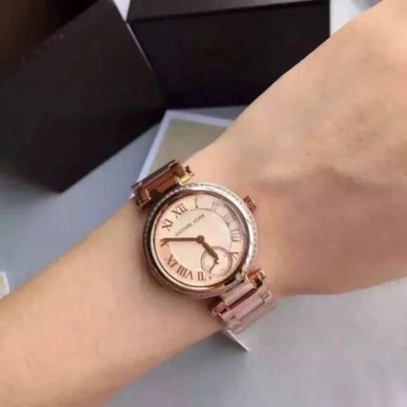 MICHAEL KORS~Skylar ~SWAROVSKI CRYSTAL GLITZ ROSE-GOLD WATCH~w/BOX +ALL LINKS - Picture 3 of 6